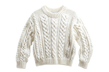 Cozy white cable knit sweater perfect for winter wear, featuring intricate braided design and warm fabric for stylish comfort.