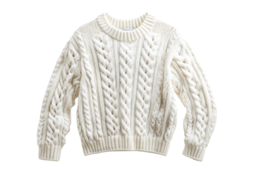 Cozy white cable knit sweater perfect for winter wear, featuring intricate braided design and warm fabric for stylish comfort.