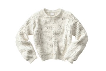 Cozy white knit sweater with textured cable pattern, perfect for winter fashion warmth and comfort. High-quality, stylish, and versatile clothing.