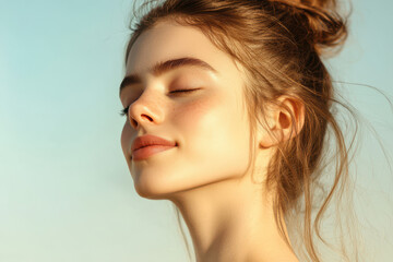 A close up of a girl's face with her eyes closed