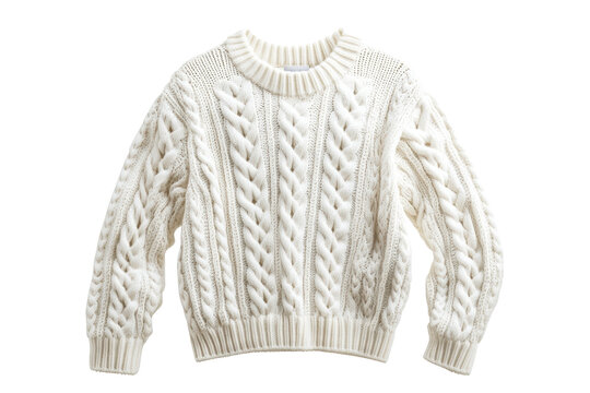 Cozy white cable knit sweater perfect for winter wear, featuring intricate braided design and warm fabric for stylish comfort.
