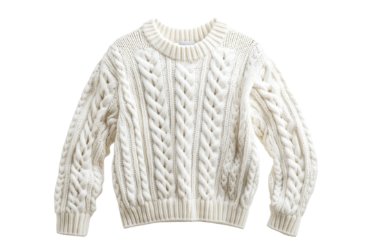 Cozy white cable knit sweater perfect for winter wear, featuring intricate braided design and warm fabric for stylish comfort.