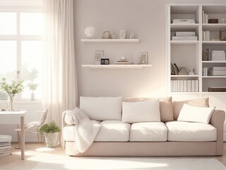 Light-colored room interior featuring a sofa, pouf, and shelf unit