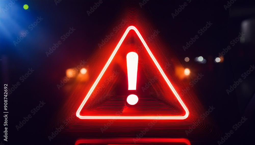 Wall mural glowing neon red triangle sign with exclamation point on dark. warning indicator. alert signal.