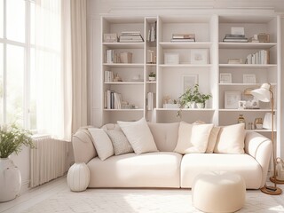 Light-colored room interior featuring a sofa, pouf, and shelf unit