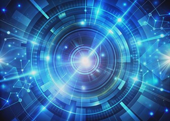 Obraz premium Vibrant blue geometric shapes and swirling light patterns create a mesmerizing abstract technology background, evoking a sense of futuristic innovation and digital discovery.
