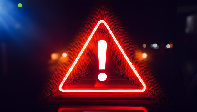 Glowing neon red triangle sign with exclamation point on dark. Warning indicator. Alert signal.