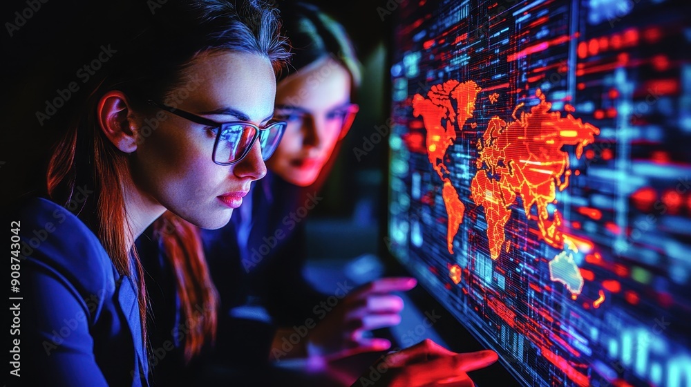 Poster two professionals analyzing data on a screen with vibrant graphics, showcasing teamwork and technolo