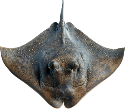 A detailed close-up of a stingray isolated on a white background, showcasing its unique texture and features.