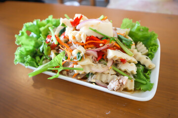 spicy salad or noodles salad, Thai spicy salad or vermicelli ,sausage and minced pork salad