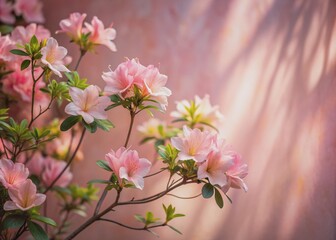 Soft focus light pink wall serves as a serene backdrop for delicate azalea blooms, casting gentle, diffused shadows that evoke a sense of peaceful tranquility.