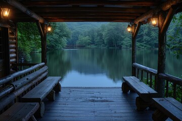 Wooden Deck Overlooking Serene Lake with Lanterns and Trees