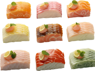 Close-up of assorted sushi pieces topped with various fresh ingredients and garnishes, arranged in a neat 3x3 grid on a white background.