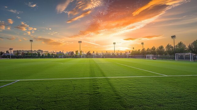 Numerous football training fields at dusk with realistic sunset scenery for sports enthusiasts