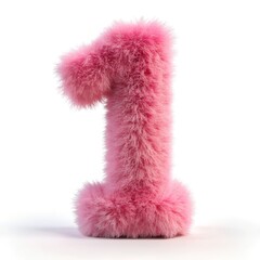 Fluffy pink number 1, soft and fluffy texture, isolated on white background fluffy