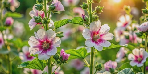 Fototapeta premium The mallow plant, pink and white flowers, Marshmallow leaves and flowers, Medicine plant wallpaper, pink and white flowers, Marshmallow flower in garden. Althaea officinalis..