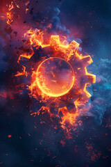 Obraz premium Cosmic Inferno Gear: A fiery, ethereal gear ignites the cosmos, symbolizing power, creation, and the unstoppable forces of innovation. 