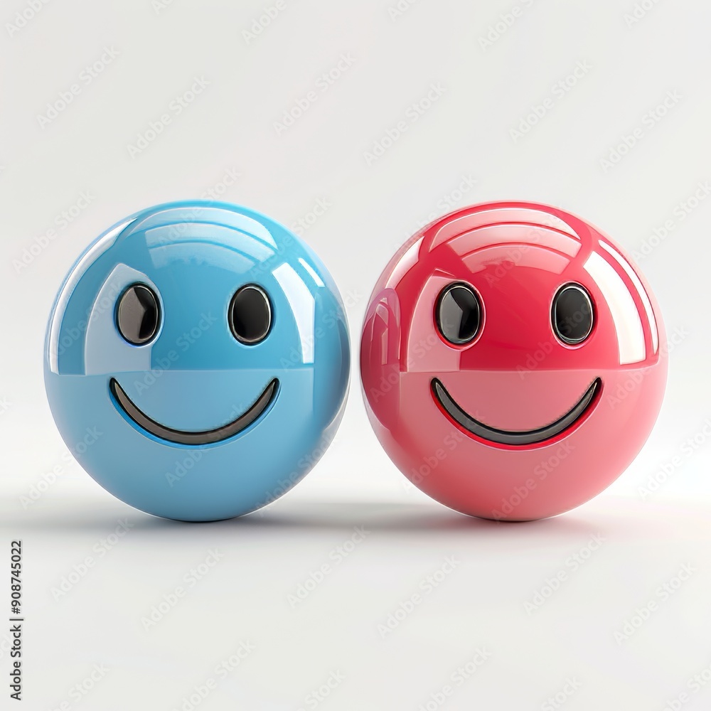 Poster a blue and red emoticon with a happy expression. both emoticons are smiling with open eyes and black