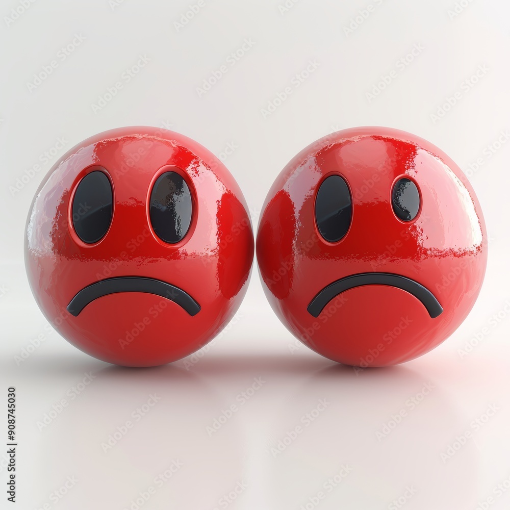 Poster two identical round red glossy sad face emoji with black eyes and mouth frown isolated on white back