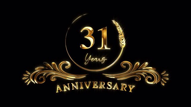 31st Anniversary Celebration. Happy 31 Years Anniversary Animation in Gold Color on the Transparent Background, Alpha Channel. Great for greetings, celebrations, events, and gifts.