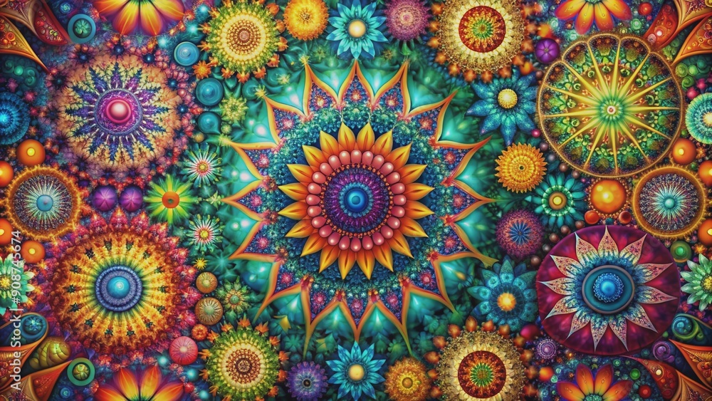 Poster vibrant abstract background featuring intricate patterns of diverse geometric shapes in a mesmerizin