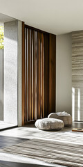 Japanese zen minimalist interiors with a serene decor. Relaxing Real Estate oriental composition.