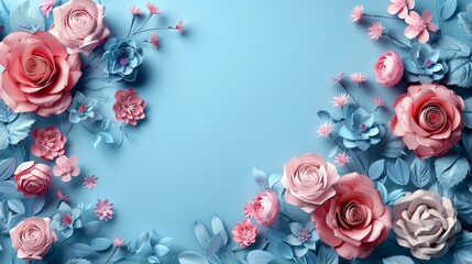 A stunning display of intricate pink and blue paper flowers on a serene blue backdrop, ideal for Mother s Day or spring-themed projects, exuding elegance and charm. Copy space.