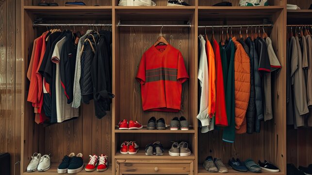 Armario deportivo en un parque, closet moderno de madera con ropa y calzado de futbolista, iluminado por c&aacute;lida luz solar, resalta detalles y textura en un entorno urbano amplio.