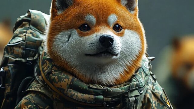 Shiba Inu soldier in camouflage, commando uniform, Tunami style, happy core, Konica Big Mini.