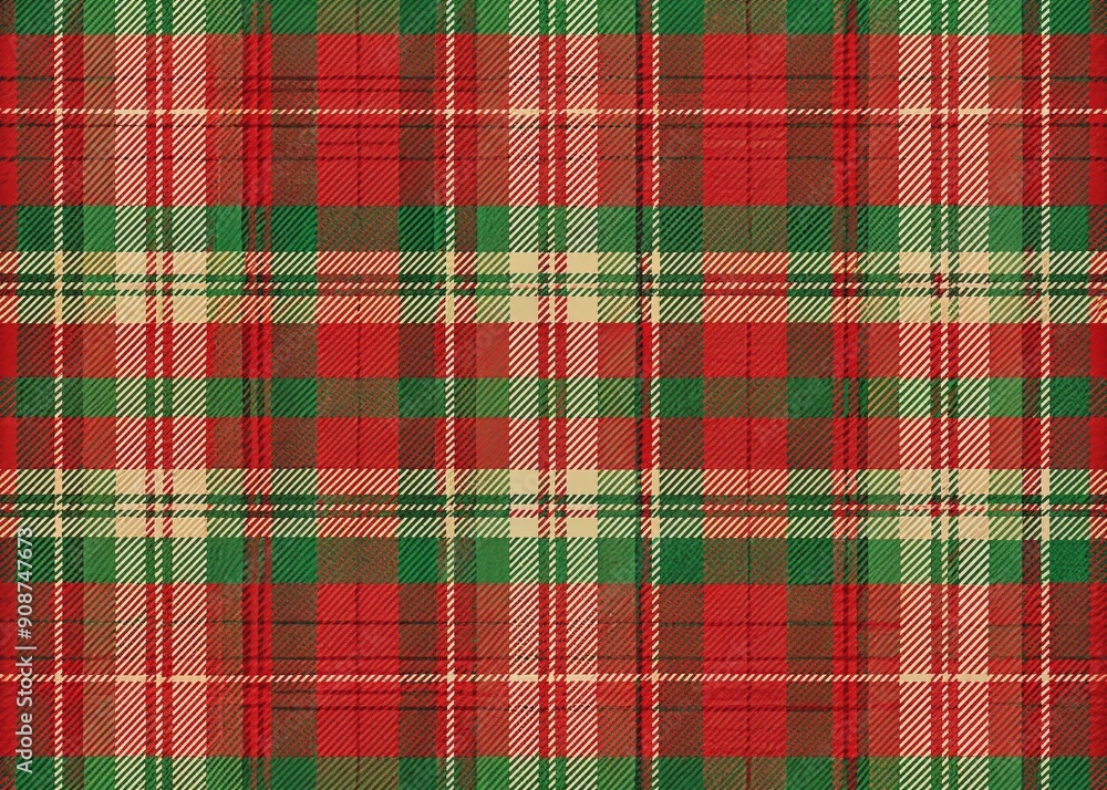 Poster vibrant red and green plaid textured fabric background with subtle woven pattern creating a rustic, 