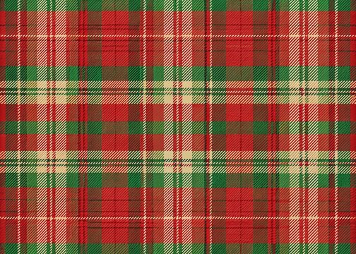 Vibrant red and green plaid textured fabric background with subtle woven pattern creating a rustic, earthy, and festive atmosphere, perfect for holiday or outdoors themes.
