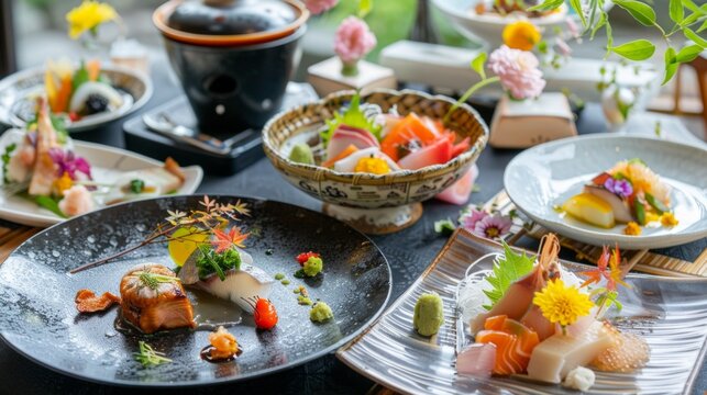 An elegant kaiseki meal served in a traditional Japanese inn, with multiple courses including seasonal appetizers, sashimi, grilled dishes, and a delicate dessert. 