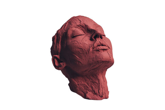 Textured red clay sculpture of a serene face looking upwards. Artistic, emotional, and inspiring art piece.