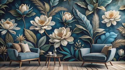 Luxurious dark blue watercolor wallpaper mural features 3D magnolia flowers in a seamless, tropical, baroque-inspired floral pattern with a modern, textured digital paper design.
