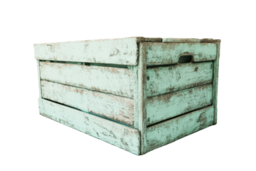 Vintage wooden crate with distressed teal paint finish, perfect for rustic decor or storage solutions in homes or businesses.