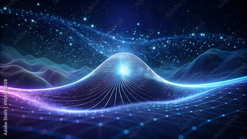 Aufkleber digital cyberspace futuristic, green and blue color particles wave flowing with lines and dots conne