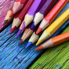 Fototapeta premium Vivid collection of colored pencils on textured background