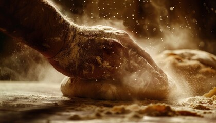 Artisan baker kneading dough on wooden table