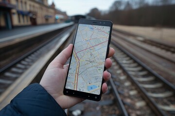 A person hand, adorned with a silver ring, holds a smartphone displaying a city map app at a train station platform with railway tracks in the background, eager for a new journey.
