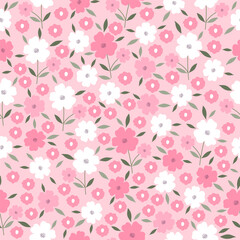 Seamless pattern with colorful flower blossom garden. Cute hand drawn floral pattern for your fabric, summer background, wallpaper, backdrop, textile.