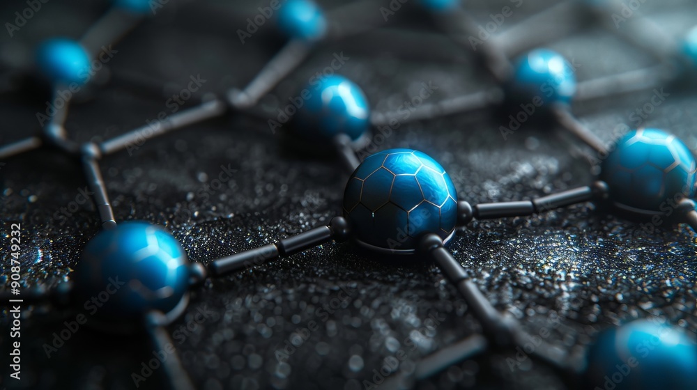 Poster an illustration of interconnected blue spheres in a hexagonal pattern on a dark background. this fut