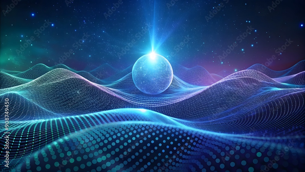 Aufkleber digital cyberspace futuristic, green and blue color particles wave flowing with lines and dots conne
