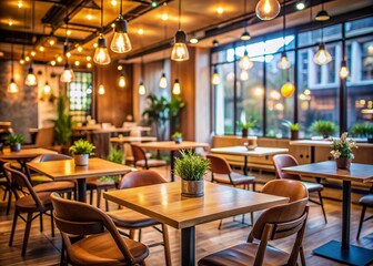 Fototapeta premium Cozy atmosphere of a modern cafe with empty chairs and tables, warm lighting, and blurred background, perfect for depicting conversations and social gatherings.