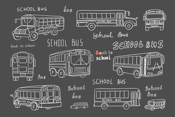 Set of school buses in doodle style. School icons. Back to school. Transportation, bus, transport. Good for posters, cards, stickers, professional design. Hand drawn