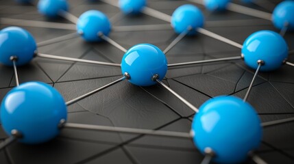Obraz premium A network of blue spheres connected by thin metal rods on a black background. The spheres are arranged in a random pattern and the rods connect them in a variety of ways. 3D rendering illustration