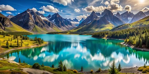 Serene panoramic landscape of rolling hills, turquoise lake, and majestic mountain peaks, evoking a sense of freedom and adventure in retired travel.