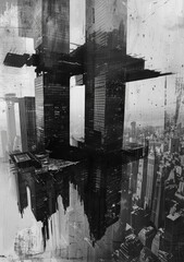 Monochrome Urban Dreams, striking black and white skyscraper visuals, dreamlike collages, mirrored dimensions, hyper-real water, cyberpunk futurism, abstract cityscapes, digital enhancements
