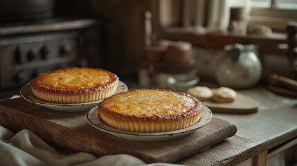 Two freshly baked pies rest on a rustic wooden board in a cozy kitchen, bathed in warm natural light. The inviting scene is complemented by pottery and soft linen, evoking a sense of homely comfort.
