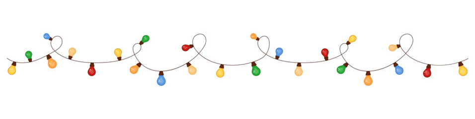 Colourful New Years lighting equipment cord of lights. Christmas design element. Vector illustration festoon. Multicolored light bulbs.