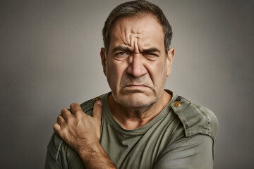 Fototapeta premium A European man clutching his shoulder as if experiencing discomfort or shoulder pain
